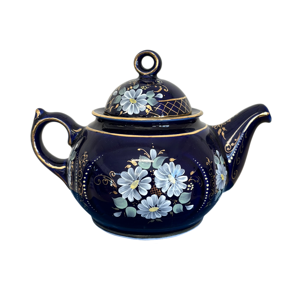 Чайник Пышка в глухом кобальте с цветной росписью Гжельский фарфоровый завод