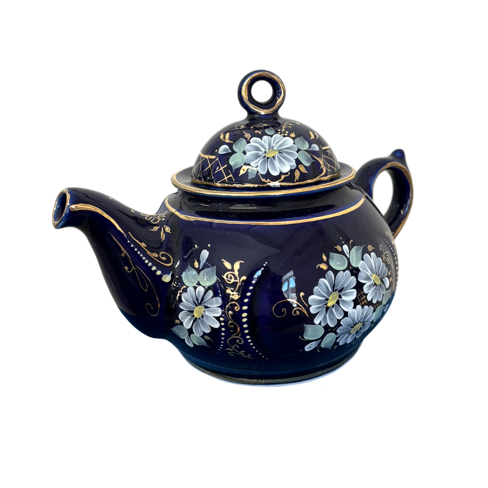 Чайник Пышка в глухом кобальте с цветной росписью Гжельский фарфоровый завод