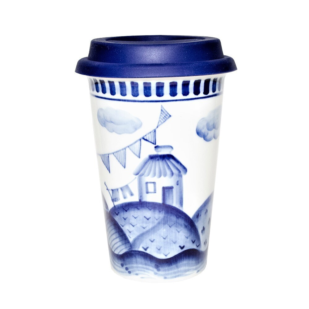 Авторский кофейный стаканчик с силиконовой крышкой №40 объем 400 мл. Гжельский фарфоровый завод