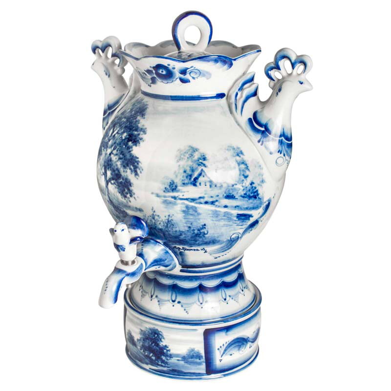 Самовар Рассвет (тема) (действующий электросамовар) объем 3000 мл. Гжельский фарфоровый завод