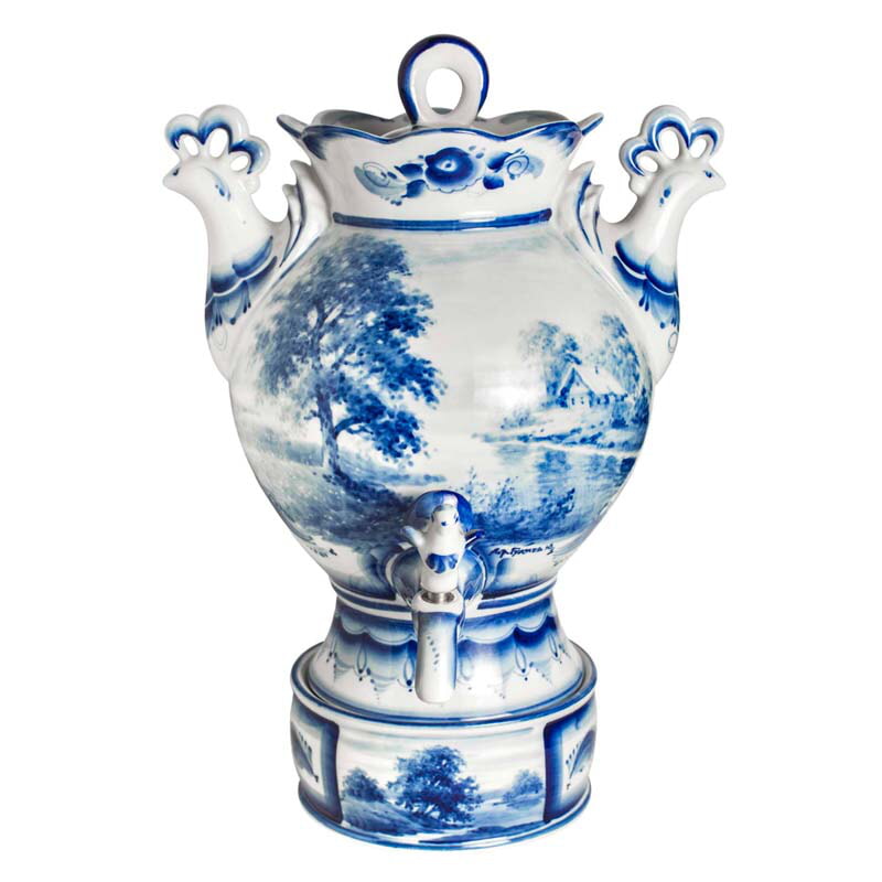 Самовар Рассвет (тема) (действующий электросамовар) объем 3000 мл. Гжельский фарфоровый завод