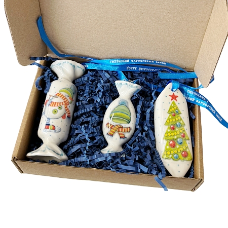 Набор цветных ёлочных игрушек &quot;Конфетки&quot; в росписи Калигиной Гжельский фарфоровый завод