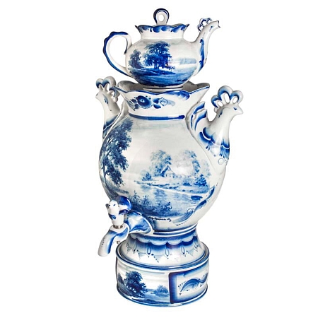 Самовар Рассвет (тема) (действующий электросамовар) объем 3000 мл. Гжельский фарфоровый завод