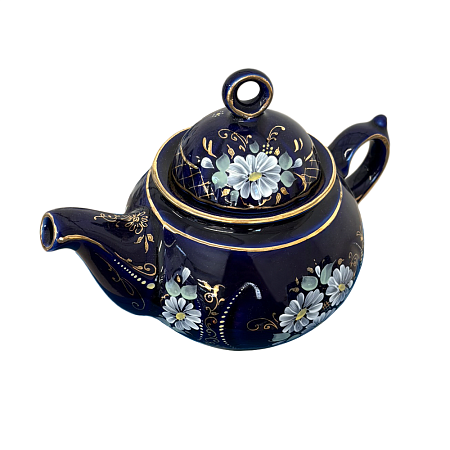 Чайник Пышка в глухом кобальте с цветной росписью Гжельский фарфоровый завод