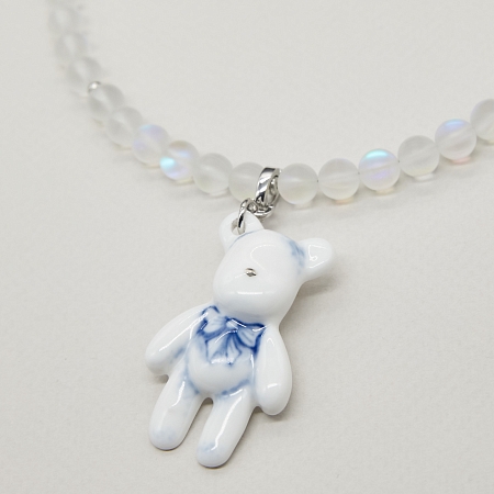 Кулон Мишка съемный роспись бантик со стеклом в платине из коллекции ГФЗ &amp; Buylerika Ceramic Гжельский фарфоровый завод