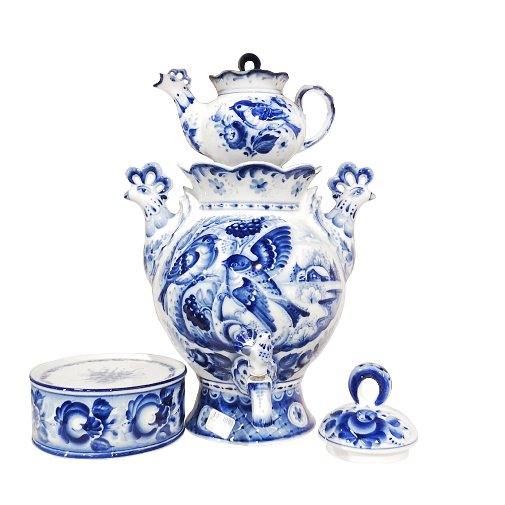 Самовар Рассвет в авторской росписи &amp;quot;Синички&amp;quot; объем 3000 мл. Гжельский фарфоровый завод