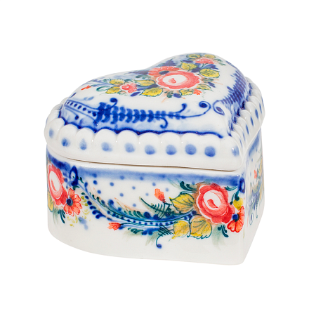 Шкатулка Сердечко (подглазурные цветные краски, кобальт) Гжельский фарфоровый завод